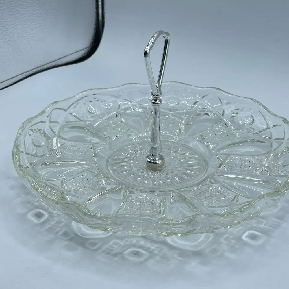 Fostoria Tiara glass single-tier serving tray scalloped edge silver colored hand